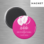 Imã Festa de balões brancos cor-de-rosa Quinceanera<br><div class="desc">Para uma Quinceañera,  15 festa de aniversário. Um fundo cor-de-rosa de tendência decorado com balões brancos. O nome é escrito com um moderno estilo escrito à mão. Personalize e adicione um nome e data.</div>