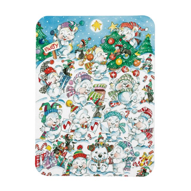 Ímã Festa de Natal de Urso Polar e Pinguim de Desenho  (Vertical)