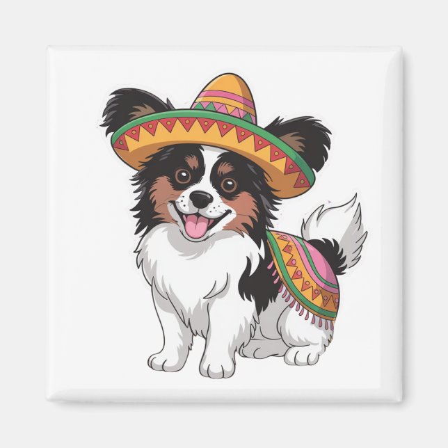 Imã Fiesta Papillon Dog Vestindo Sombrero e Sarape (Frente)