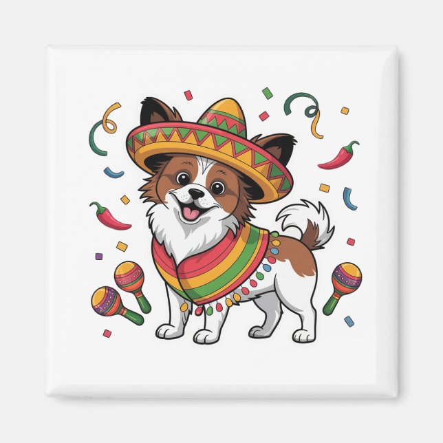 Imã Fiesta Papillon Dog Vestindo Sombrero e Sarape (Frente)