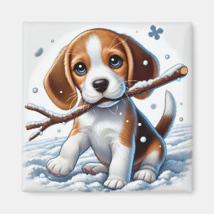 Imã Filhote Brincando na Neve com um Graveto no Invern