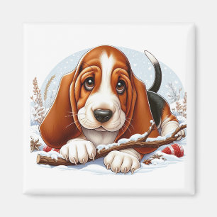 Imã Filhote de Basset Hound em Cena de Inverno Nevado