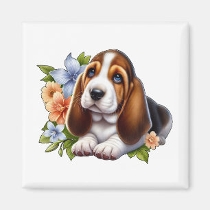 Imã Filhote de Basset Hound Fofo Sentado com Flores