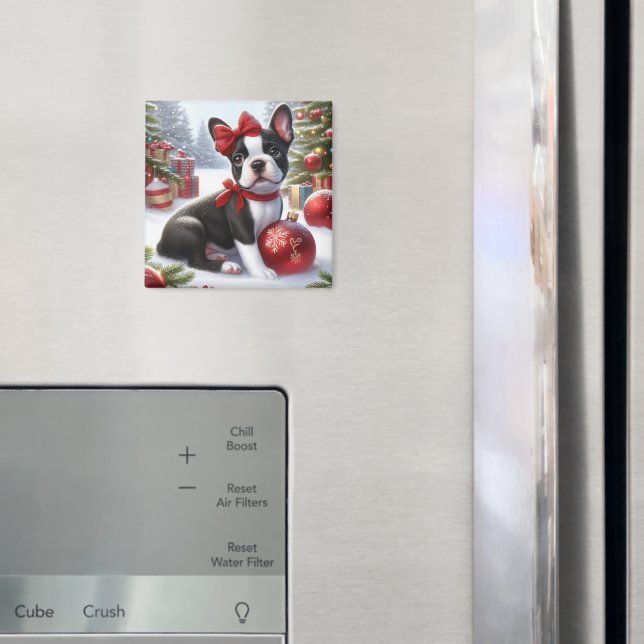 Imã Filhote de Boston Terrier com enfeites de Natal  (In Situ (Fridge))