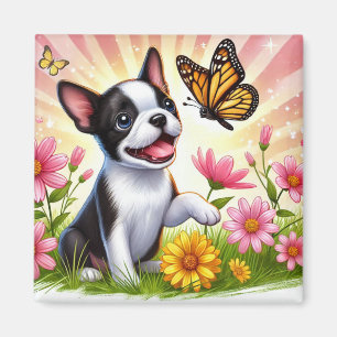 Imã Filhote de Boston Terrier Fofo Brincando Com Borbo