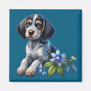 Imã Filhote de Cão de Caça com Marcas Azuis com Flores