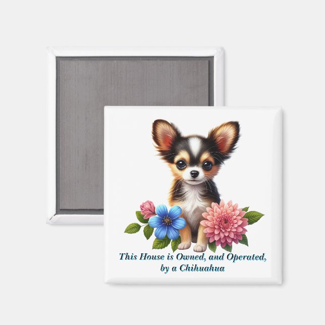 Imã Filhote de Chihuahua com Flores Decorativas (Front/Back)
