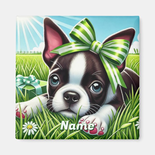 Imã Filhote Personalizado de Boston Terrier com Laço V (Frente)