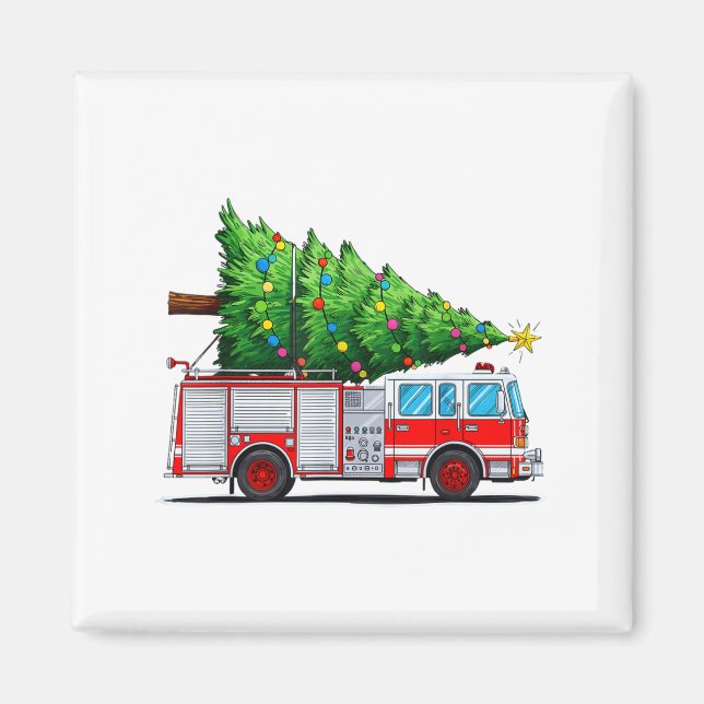 Imã Fire Truck Christmas Tree Xmas Lights Firefighter  (Frente)