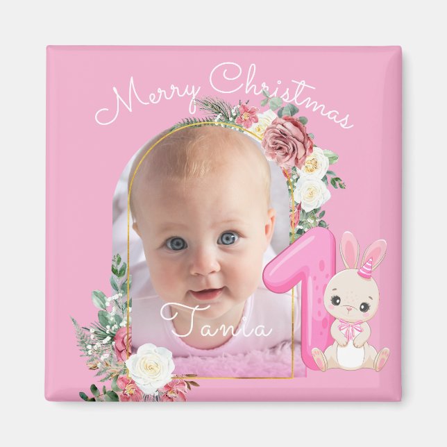 Imã First Christmas Pink Baby Girl Photo floral (Frente)