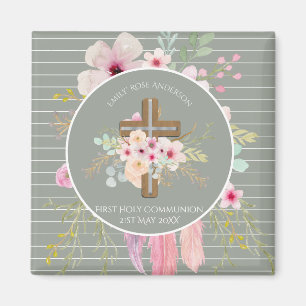Imã First Holy Communion Floral Cross Girls Sage Pink