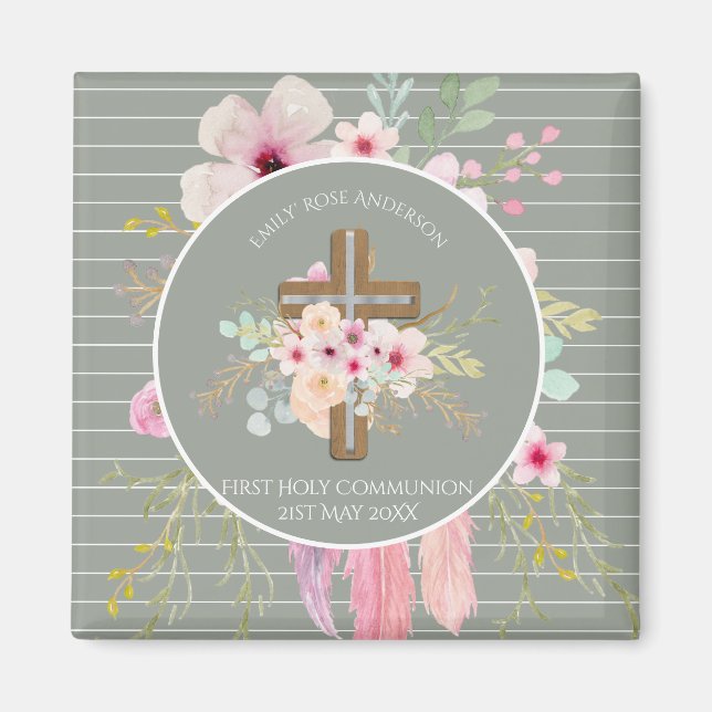 Imã First Holy Communion Floral Cross Girls Sage Pink (Frente)