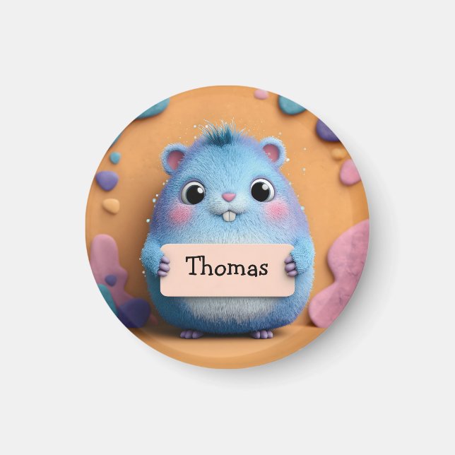Imã Fixe Fluffy Blue Hamster Segurando um Sinal com No (Frente)