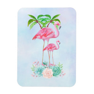 Ímã Flamingo cor-de-rosa Momma & bebê com palmeiras