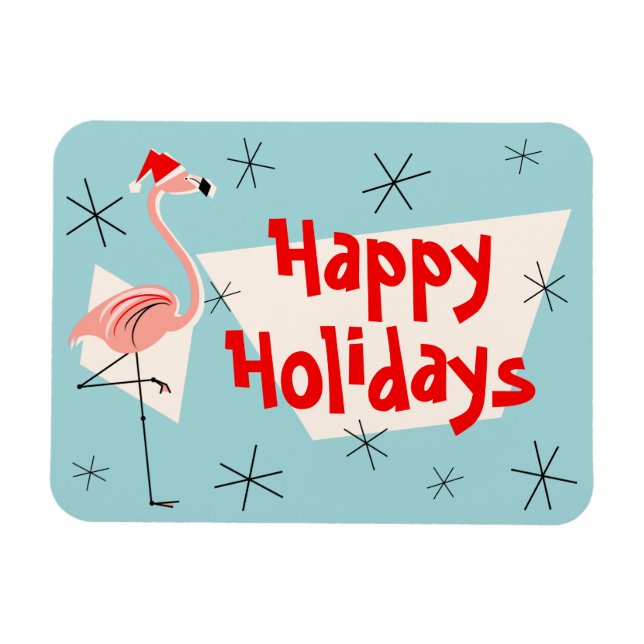 Ímã Flamingo Papais noeis Blue Happy Holidays flexível (Horizontal)