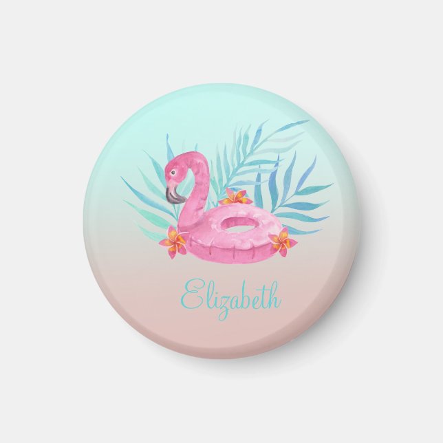 Imã Flamingo Rosa Adorável Folhas de Palmeira (Frente)