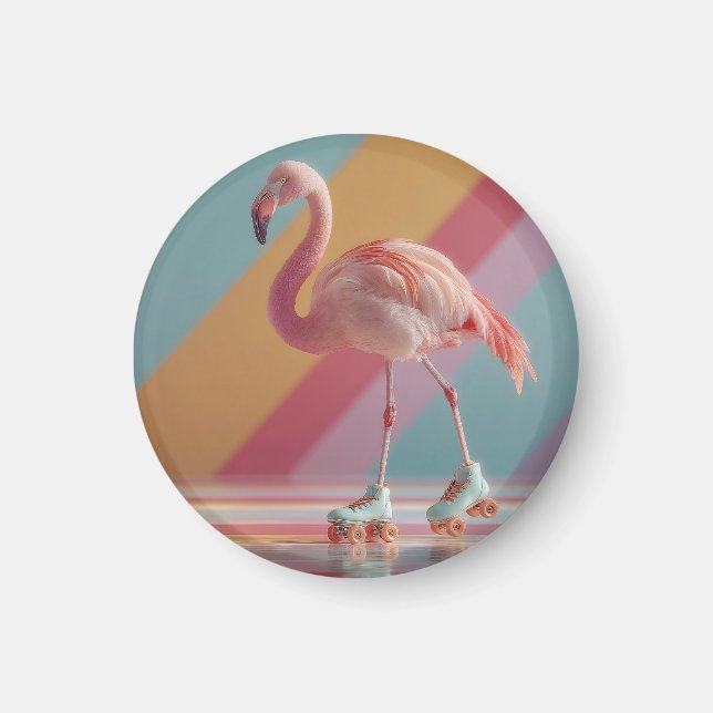 Imã Flamingo Rosa Caprichoso em Patins de Rodas (Frente)