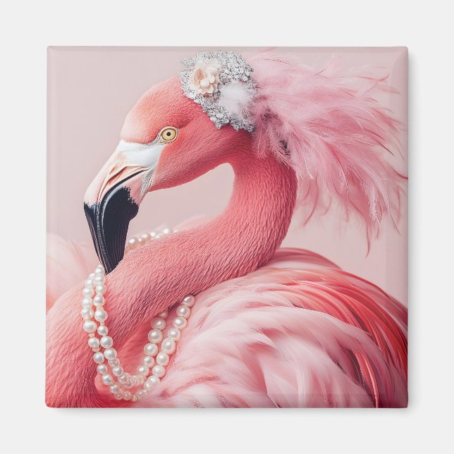 Imã Flamingo Rosa Elegante com Pérolas e Penas (Frente)