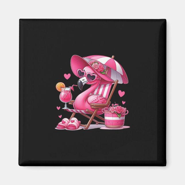 Imã Flamingo Rosa Em Cadeira Com Bebida (Frente)