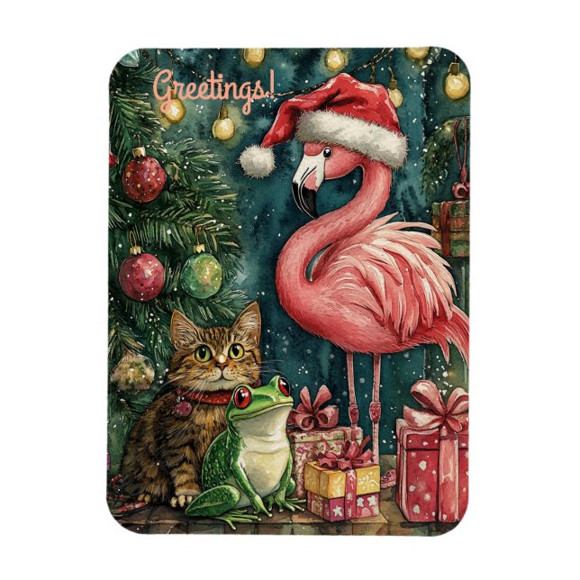 Ímã Flamingo Rosa Gato e Sapo Natal Tropical (Vertical)