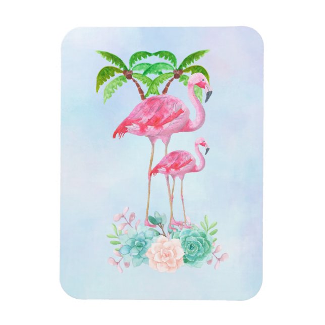 Ímã Flamingo, Rosa, Mamãe e Bebê, com Palmeiras (Vertical)