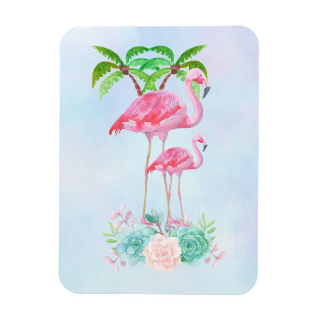 Ímã Flamingo, Rosa, Mamãe e Bebê, com Palmeiras (Vertical)