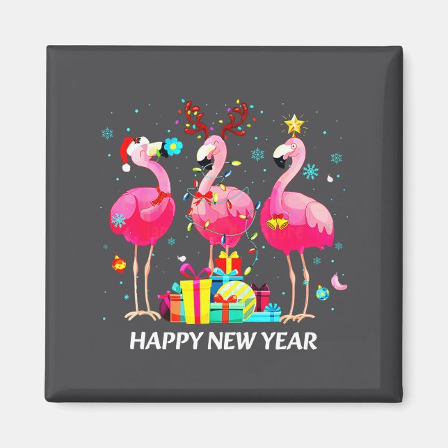 Imã Flamingo Santa Hat Happy New Year Light Long Sleev (Frente)