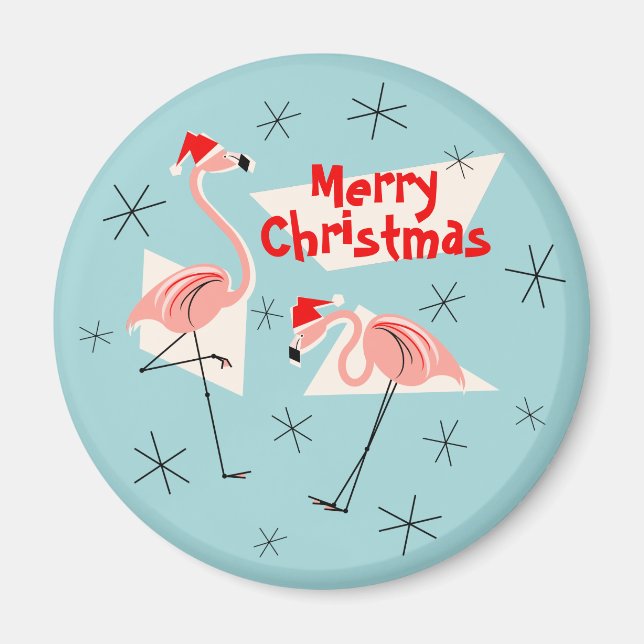 Imã Flamingo Santas Blue Marry Magno de Natal (Frente)