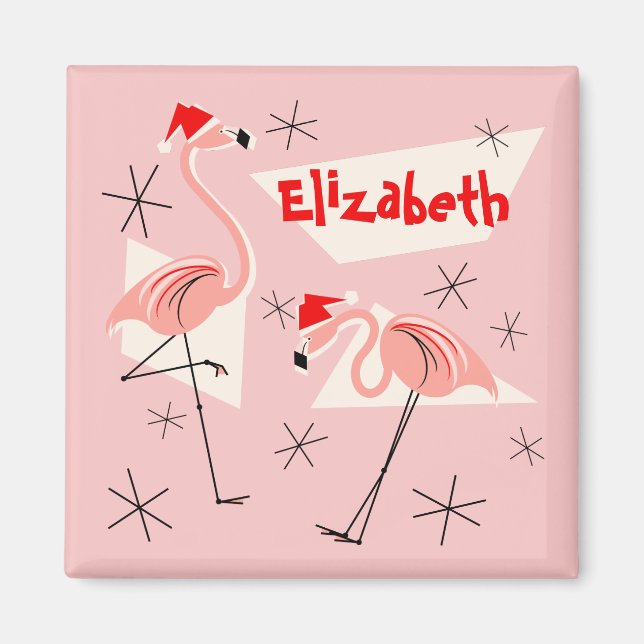 Imã Flamingo Santas Pink Name Magnet Square (Frente)