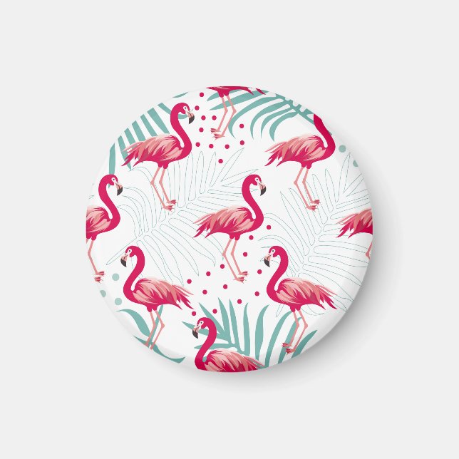 Imã Flamingo tropical e folhas, padrão de verão. (Frente)