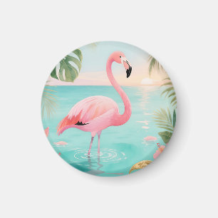 Imã Flamingo Tropical Pôr do Sol Aquarela