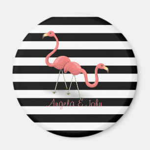 Imã Flamingos, Black, White Stripes Personalizadas