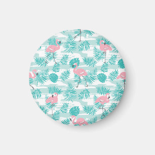 Imã flamingos cor-de-rosa, palmeiras verdes, tropicais