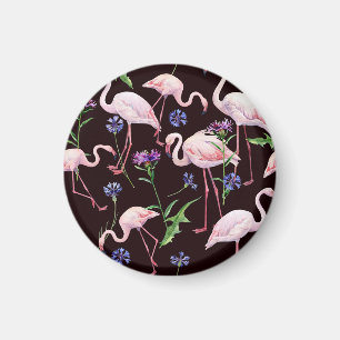 Imã Flamingos de aquarela e padrão de flores silvestre
