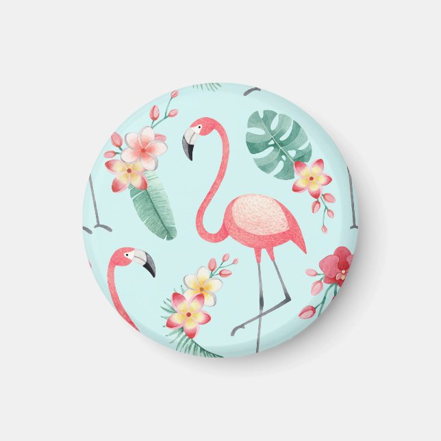 Imã Flamingos Flores Tropicais Padrão de Aquarela (Frente)