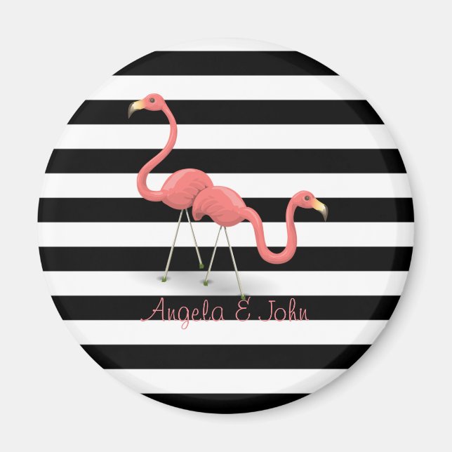 Imã Flamingos Fofos Personalizados, Listras Pretas e B (Frente)