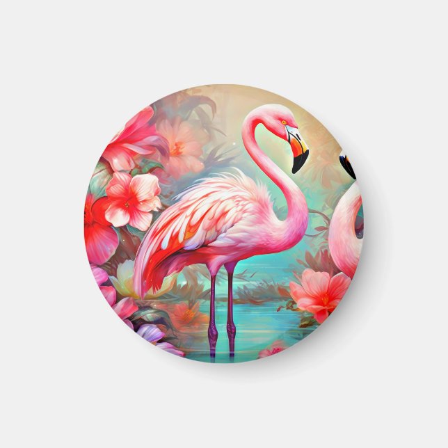 Imã Flamingos rosa em um lago com flores-20231 (Frente)