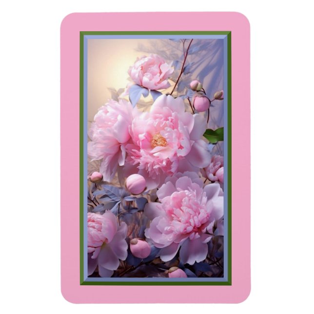 Ímã Flexível com Botões e Flores de Peônia Rosa (Vertical)