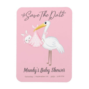 Ímã Flexível de Salvar Data Cute Pink Stork