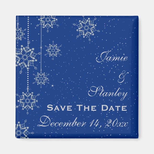Imã Flocos de neve de cristal azul casamento Save the  (Frente)