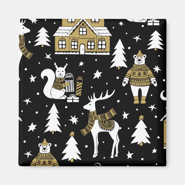 Imã Flocos de neve de Natal preto e branco (Frente)