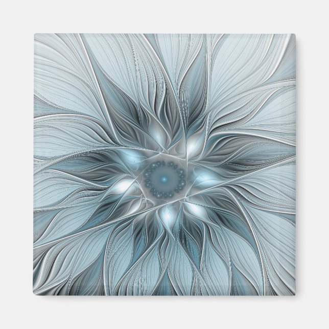 Imã Flor Abstrata Alegre Azul Cinza Floral Fractal (Frente)
