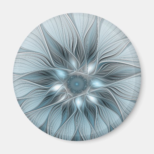 Imã Flor Abstrata Alegre Azul Cinza Fractal Floral (Frente)