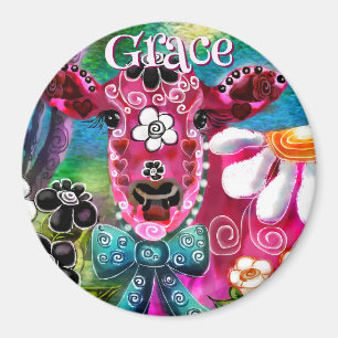 Imã Flor Cow Pessoal Rosa Teal Preto Caprichoso