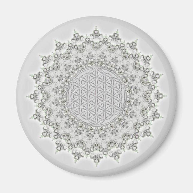 Imã Flor da Vida - cinza Fractal Mandala verde (Frente)