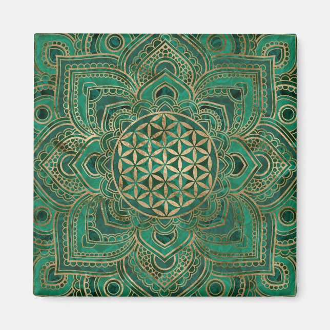 Imã Flor da Vida em Lotus - Malaquita e ouro (Frente)