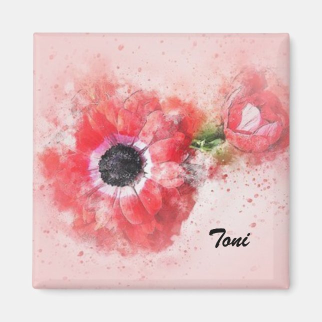Imã Flor de Aquarela Rosa com Botão de Flor (Frente)