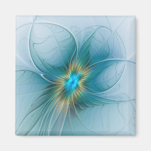 Imã Flor de Arte Fractal Dourada e Azul Moderno