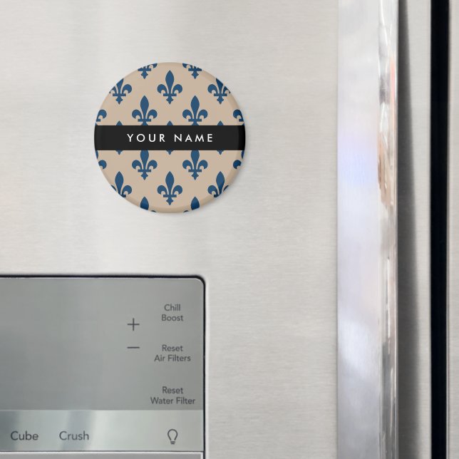 Imã Flor de Lis, Azul Marinho em Bege, Real, Seu Nome (In Situ (Fridge))