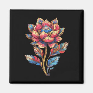 Imã Flor de Mandala de Lótus Colorida Com Folhas Ornam